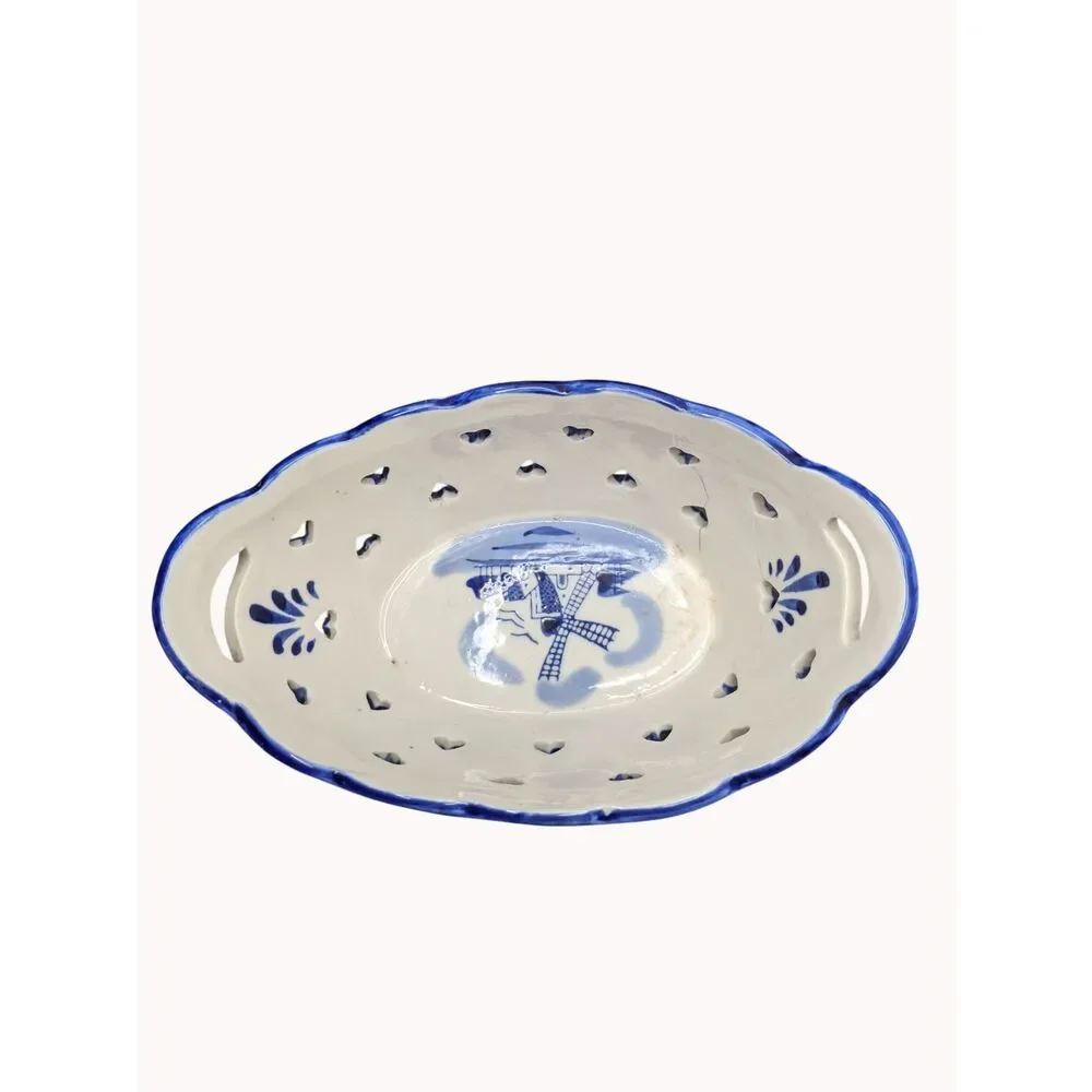 Delft Blue Reticulated Trinket Dish & Puppy Dog Candle Holder Holland VTG